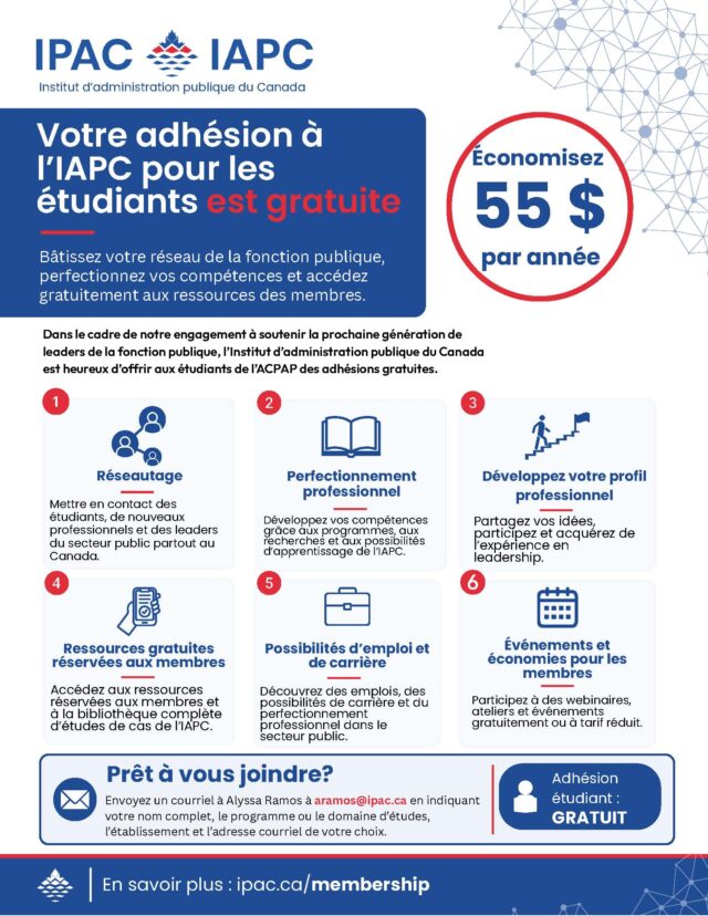 IPAC-IAPC Votre adhésion pour les étudiants est gratuite. Économisez 55$ par année. En savoir plus: ipac.ca/membership